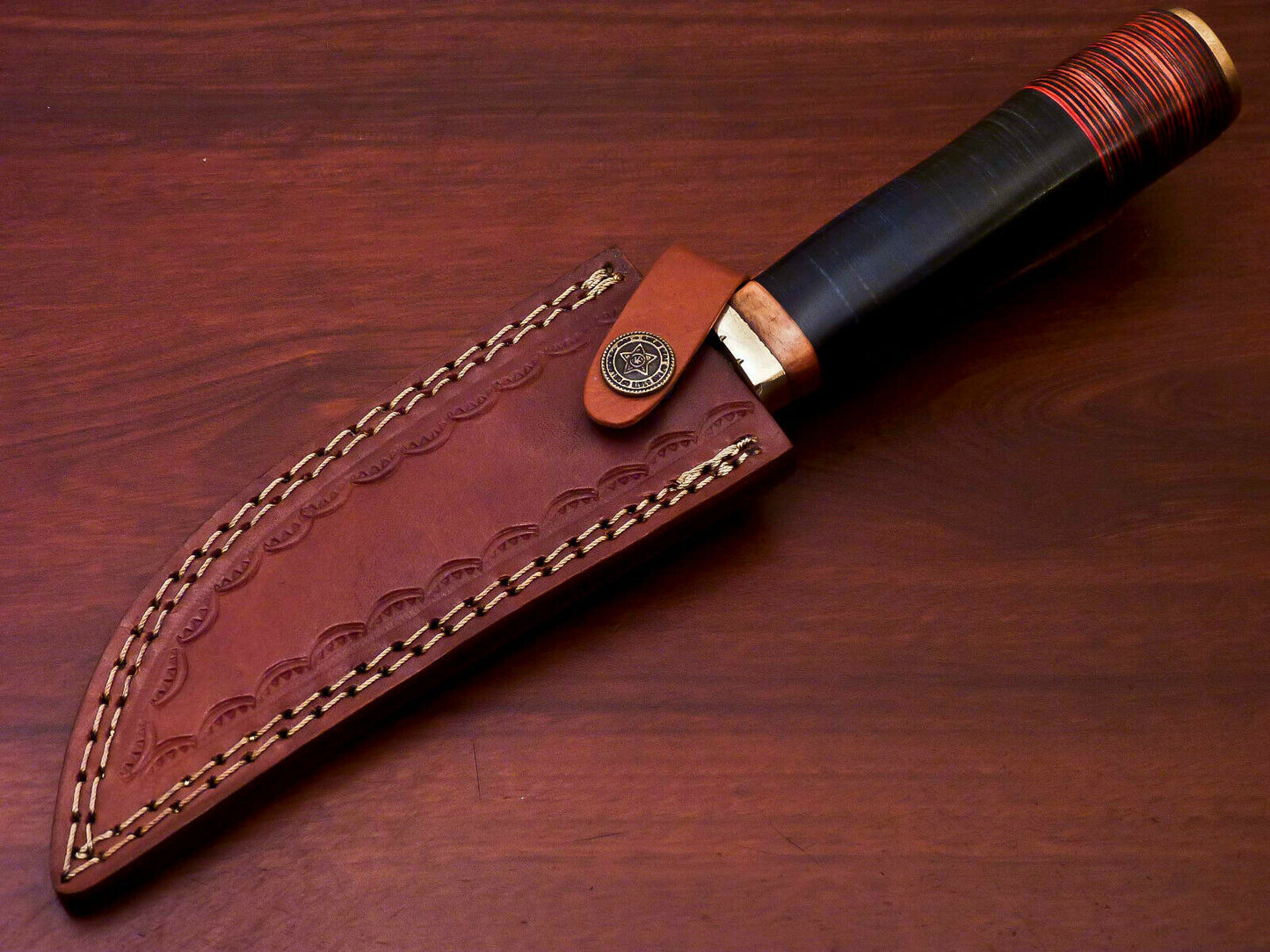 HS-516 Custom Handmade Damascus Hunting Knife With Black Hard Wood & Leather Handle