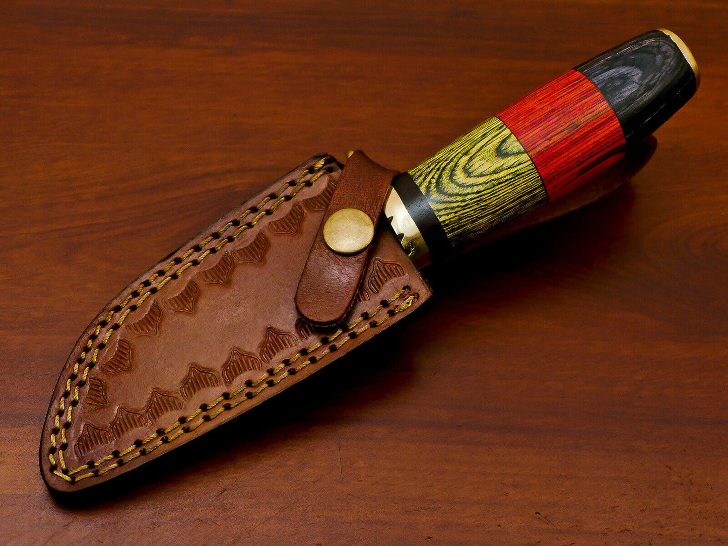HS-812 Custom Handmade Damascus Skinner Knife With Three Colour Hard Wood Handle