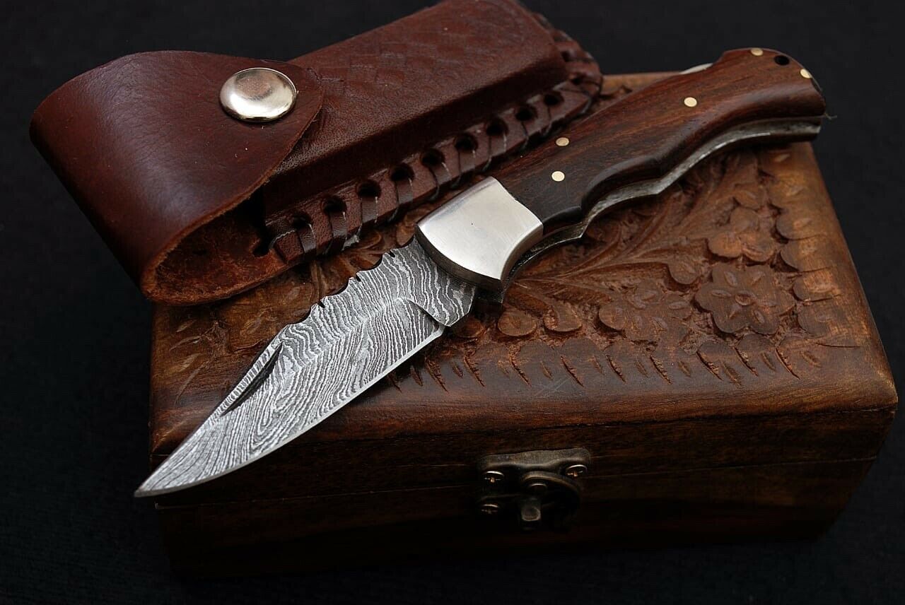 Custom Handmade Damascus Steel Back-Lock Pocket | Folding Knife | Leather Sheath