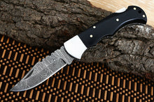 Load image into Gallery viewer, Custom Handmade Damascus Steel Back-Lock Pocket | Folding Knife | Leather Sheath- Black Sheet Handle