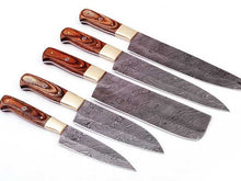 Load image into Gallery viewer, HS-250 Custom Handmade Damascus Kitchen-Chef Knives Set Lot Of Five Pecs With Hard Wood Handle