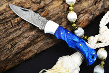 Load image into Gallery viewer, Custom Handmade Damascus Steel Back-Lock Pocket | Folding Knife | Leather Sheath- Blue Resin Handle