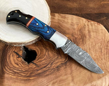 Load image into Gallery viewer, Custom Handmade Damascus Steel Back-Lock Pocket | Folding Knife | Leather Sheath- Different Handle