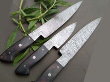 Load image into Gallery viewer, HS-253 Custom Handmade Damascus Kitchen-Chef Knives Set Lot Of 3 Pecs With Buffalo Horn Handle