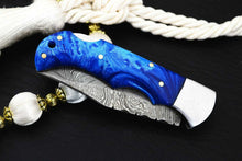 Load image into Gallery viewer, Custom Handmade Damascus Steel Back-Lock Pocket | Folding Knife | Leather Sheath- Blue Resin Handle