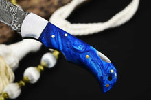 Load image into Gallery viewer, Custom Handmade Damascus Steel Back-Lock Pocket | Folding Knife | Leather Sheath- Blue Resin Handle
