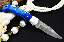 Load image into Gallery viewer, Custom Handmade Damascus Steel Back-Lock Pocket | Folding Knife | Leather Sheath- Blue Resin Handle