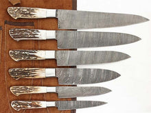 Load image into Gallery viewer, HS-245 Custom Handmade Damascus Kitchen-Chef Knives Set Lot Of Six Pecs With Stag Horn Handle