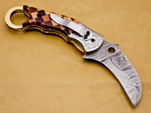 Load image into Gallery viewer, Custom Handmade Damascus Folding-Pocket Engraved Knife With Wood Handle & Pocket Clip