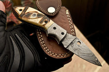 Load image into Gallery viewer, Custom Handmade Damascus Folding/Pocket Knife With Engraved Camel Bone Handle