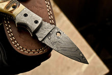 Load image into Gallery viewer, Custom Handmade Damascus Folding/Pocket Knife With Engraved Camel Bone Handle