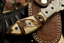 Load image into Gallery viewer, Custom Handmade Damascus Folding/Pocket Knife With Engraved Camel Bone Handle