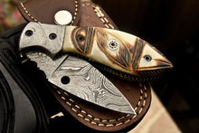 Load image into Gallery viewer, Custom Handmade Damascus Folding/Pocket Knife With Engraved Camel Bone Handle