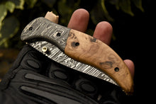 Load image into Gallery viewer, Custom Handmade Damascus Folding/Pocket Knife With Natural Olive Wood Handle