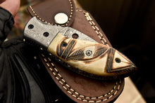 Load image into Gallery viewer, Custom Handmade Damascus Folding/Pocket Knife With Engraved Camel Bone Handle