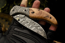 Load image into Gallery viewer, Custom Handmade Damascus Folding/Pocket Knife With Natural Olive Wood Handle