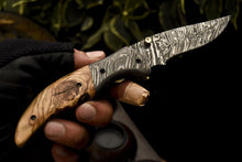 Load image into Gallery viewer, Custom Handmade Damascus Folding/Pocket Knife With Natural Olive Wood Handle