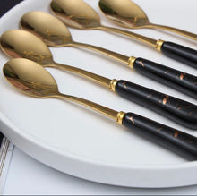Load image into Gallery viewer, HS Cutlery | Stainless Steel Teaspoons Set- Set of 6 Tea spoon Set with Stand- Marble Finish Handle Stainless Steel Teaspoons Set- Set of 6 Tea spoon Set with Stand