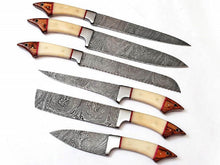 Load image into Gallery viewer, HS-249 Custom Handmade Damascus Kitchen-Chef Knives Set Lot Of Six Pecs With Bone + Hard Wood Handle