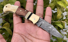 Load image into Gallery viewer, Custom Handmade Damascus Steel Back-Lock Pocket | Folding Knife | Leather Sheath-Hard Wood & Bone Handle