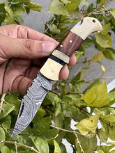 Load image into Gallery viewer, Custom Handmade Damascus Steel Back-Lock Pocket | Folding Knife | Leather Sheath-Hard Wood & Bone Handle