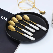 Load image into Gallery viewer, HS Cutlery | Stainless Steel Teaspoons Set- Set of 6 Tea spoon Set with Stand- Marble Finish Handle