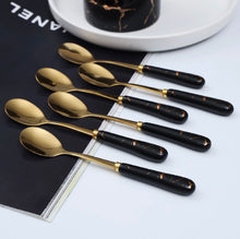 Load image into Gallery viewer, HS Cutlery | Stainless Steel Teaspoons Set- Set of 6 Tea spoon Set with Stand- Marble Finish Handle Stainless Steel Teaspoons Set- Set of 6 Tea spoon Set with Stand
