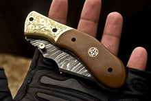Load image into Gallery viewer, Custom Handmade Damascus Folding/Pocket Engraved Knife With Brown Micarta Handle
