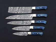 Load image into Gallery viewer, HS-107 '' Handmade Damascus chefs knife set of 5 pcs Blue Micarta sheet handle kitchen knife Set