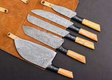 Load image into Gallery viewer, HS-122 '' Customized Handmade Damascus Chef Set, Kitchen Knives with Brown Leather Roll, Wedding Gift, Anniversary Gift