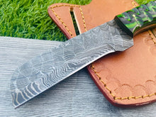 Load image into Gallery viewer, HS-981 Hand Forged Damascus Steel Bull Cutter Cowboy Knife, Rasp Knife w/ Pure Leather Cover–Anniversary Gift, Gift For Him, Cowboy Bull Cutter