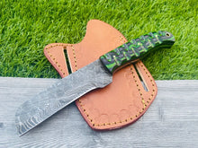 Load image into Gallery viewer, HS-981 Hand Forged Damascus Steel Bull Cutter Cowboy Knife, Rasp Knife w/ Pure Leather Cover–Anniversary Gift, Gift For Him, Cowboy Bull Cutter
