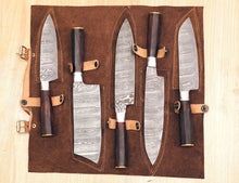 Load image into Gallery viewer, HS-124 '' Customize Handmade Damascus Chef Set Of 5pcs With ,Leather Cover, Kitchen Knife, Damascus Knife Set