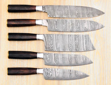 Load image into Gallery viewer, HS-124 '' Customize Handmade Damascus Chef Set Of 5pcs With ,Leather Cover, Kitchen Knife, Damascus Knife Set
