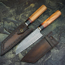 Load image into Gallery viewer, HS-233 Custom Handmade Damascus Japanese Santoku Kitchen Knives Home Cooking Tools Lot Of Two Pecs With Wood Handle