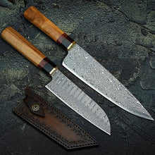 Load image into Gallery viewer, HS-233 Custom Handmade Damascus Japanese Santoku Kitchen Knives Home Cooking Tools Lot Of Two Pecs With Wood Handle