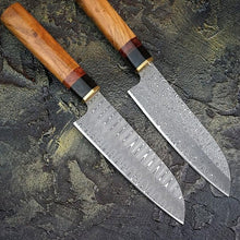 Load image into Gallery viewer, HS-233 Custom Handmade Damascus Japanese Santoku Kitchen Knives Home Cooking Tools Lot Of Two Pecs With Wood Handle