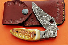 Load image into Gallery viewer, Custom Handmade Damascus Folding/Pocket Knife With Engraved Camel Bone Handle