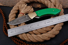 Load image into Gallery viewer, Custom Handmade Damascus Folding-Pocket Knife With Green Sheet Handle