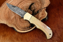 Load image into Gallery viewer, Custom Handmade Damascus Steel Back-Lock Pocket | Folding Knife | Leather Sheath- Camel Bone Handle