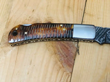 Load image into Gallery viewer, Custom Handmade Damascus Steel Back-Lock Pocket | Folding Knife | Leather Sheath- Buffalo Horn Handle