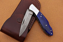 Load image into Gallery viewer, Custom Handmade Damascus Pocket Knife With Colour Camel Bone Handle
