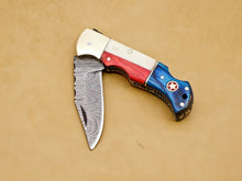 Load image into Gallery viewer, Custom Handmade Damascus Folding-Pocket Knife With Camel Bone And Hard Wood Handle