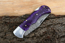 Load image into Gallery viewer, Custom Handmade Damascus Steel Back-Lock Pocket | Folding Knife | Leather Sheath- Resin Handle