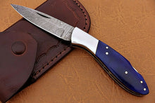 Load image into Gallery viewer, Custom Handmade Damascus Pocket Knife With Colour Camel Bone Handle