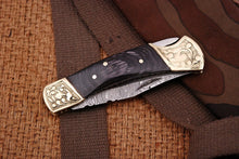 Load image into Gallery viewer, Custom Handmade Damascus Steel Pocket Folding Knife - Engraved Hard Wood Handle
