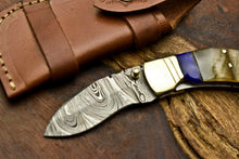 Load image into Gallery viewer, Custom Handmade Damascus Steel Blade Liner-Lock Pocket Folding Knife| Ram Horn