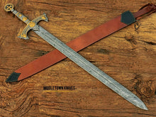 Load image into Gallery viewer, HS-1093 | Fully Handmade Damascus Steel Viking Medieval Sword, Customized leather Cover Gift for husband