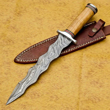 Load image into Gallery viewer, HS-857 CUSTOM DAMASCUS STEEL HUNTING/BOWIE/DAGGER KNIFE HANDLE OLIVE WOOD WITH SHEATH