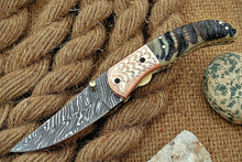 Load image into Gallery viewer, Custom Handmade Damascus Folding-Pocket Knife With Blue Ram Horn+Engraved Handle